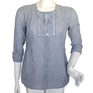 J.JILL Top/Blouse, XS, Blue/White stripes, String/Tassels, Button Front, Peasant